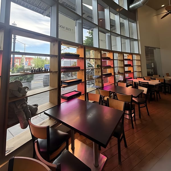 Interior of The Soop restaurant with tables, chairs, and shelves by large windows overlooking a street.