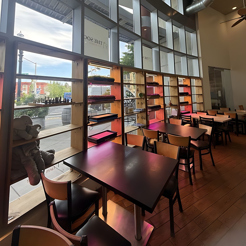 Interior of The Soop restaurant with tables, chairs, and shelves by large windows overlooking a street.