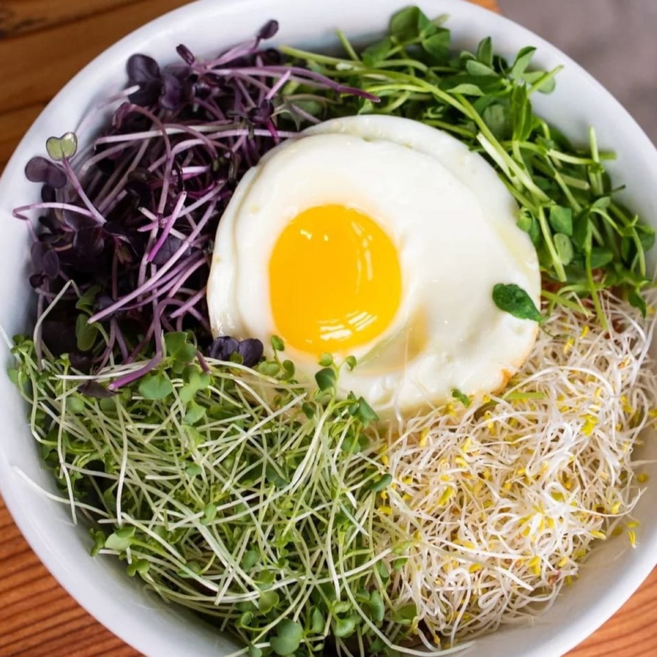 A Korean dish with a sunny-side-up egg surrounded by various sprouts in a white bowl.